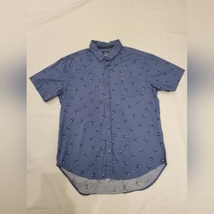 Descendent  Mens Button Down Short Sleeve Bird Print Blue Shirt Size Large Slim